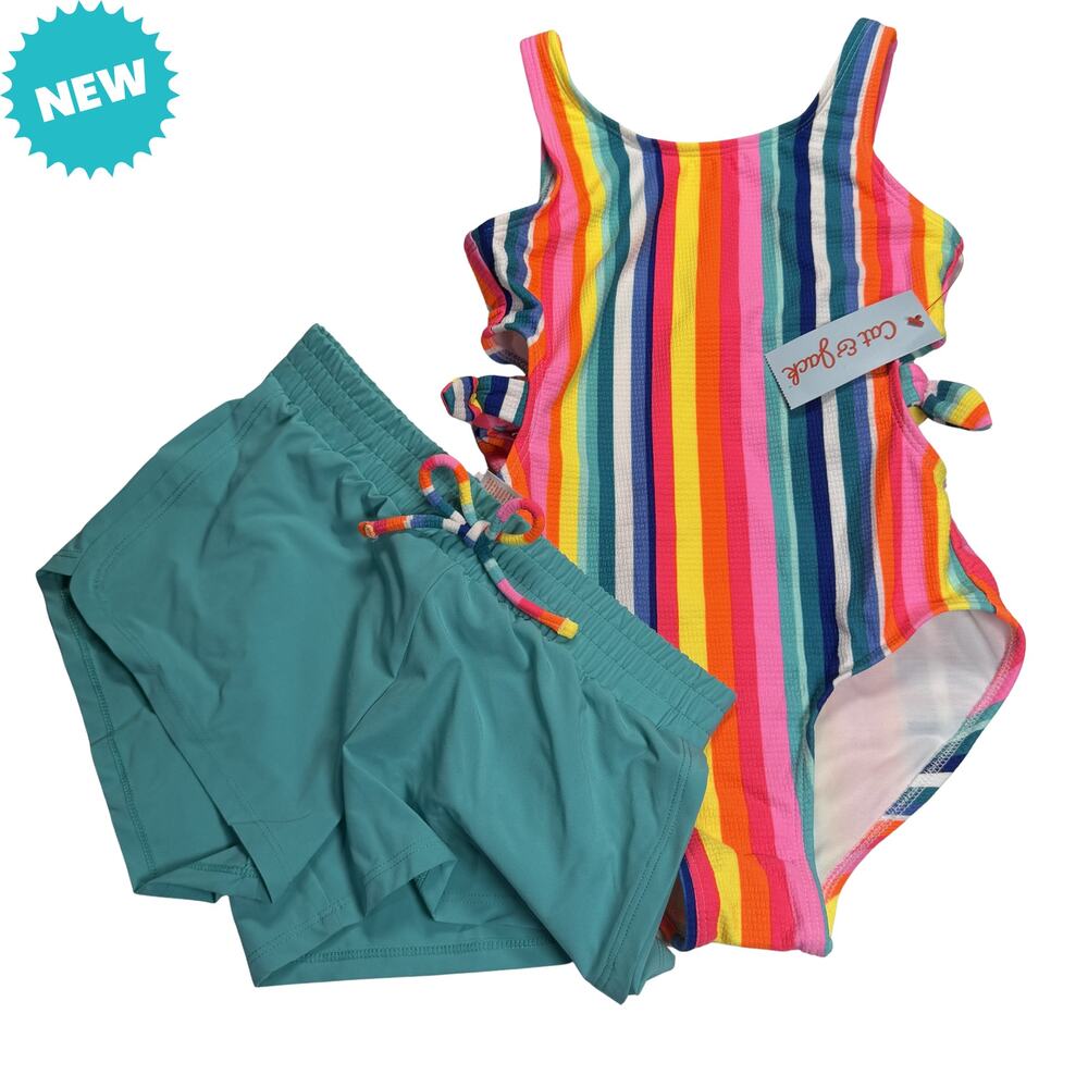 Cat & Jack Swimsuit w/Shorts Girls Medium 8 Multicolor Side Cutouts NWT